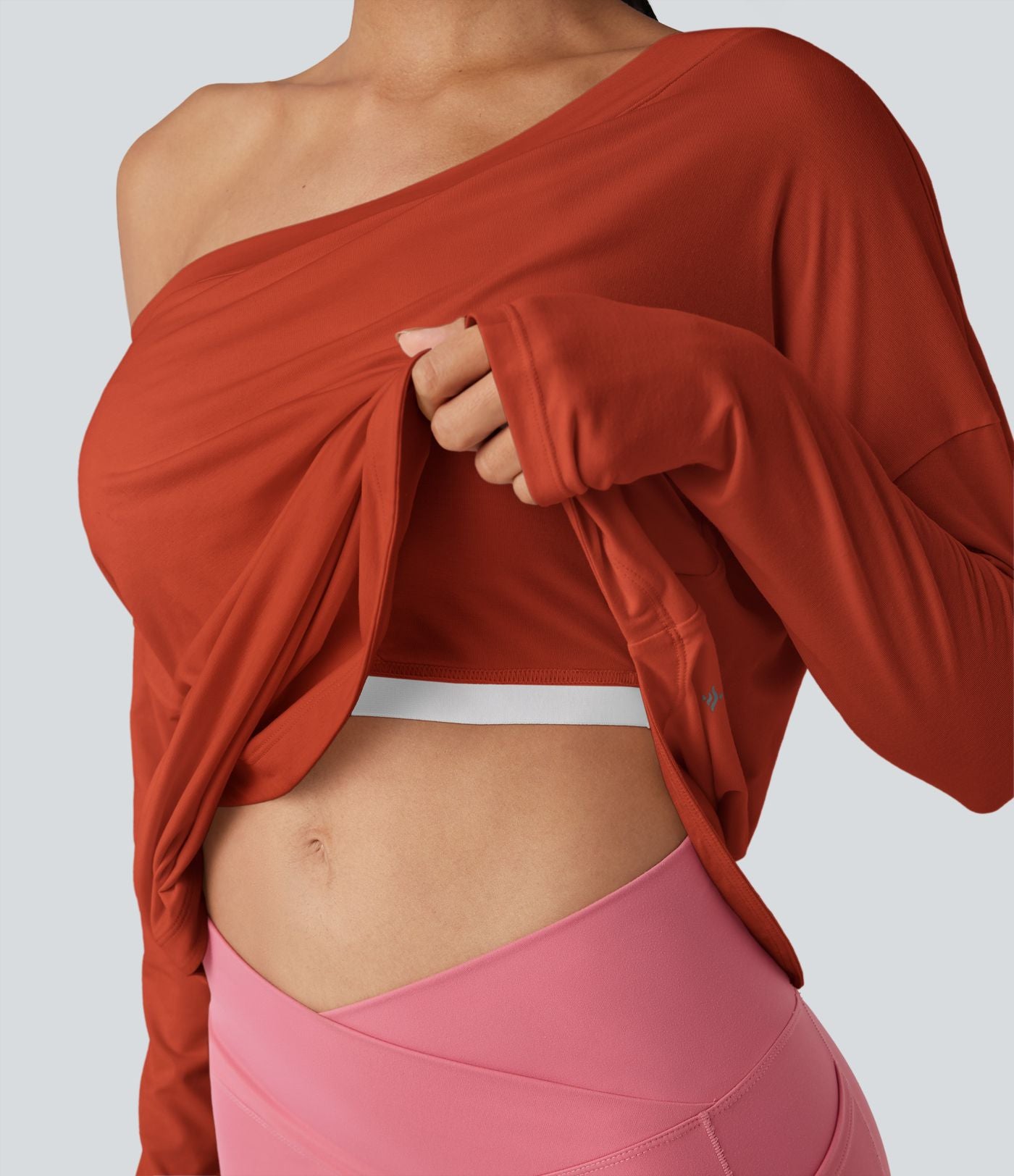 Top de sport yoga une épaule séchage rapide ourlet arrondi asymétrique manches longues avec trous pouces - Brassière intégrée