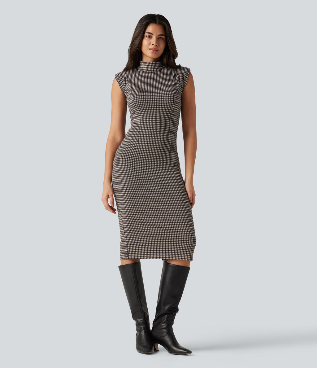 Robe midi moulante esprit bureau à motif, col montant et sans manches