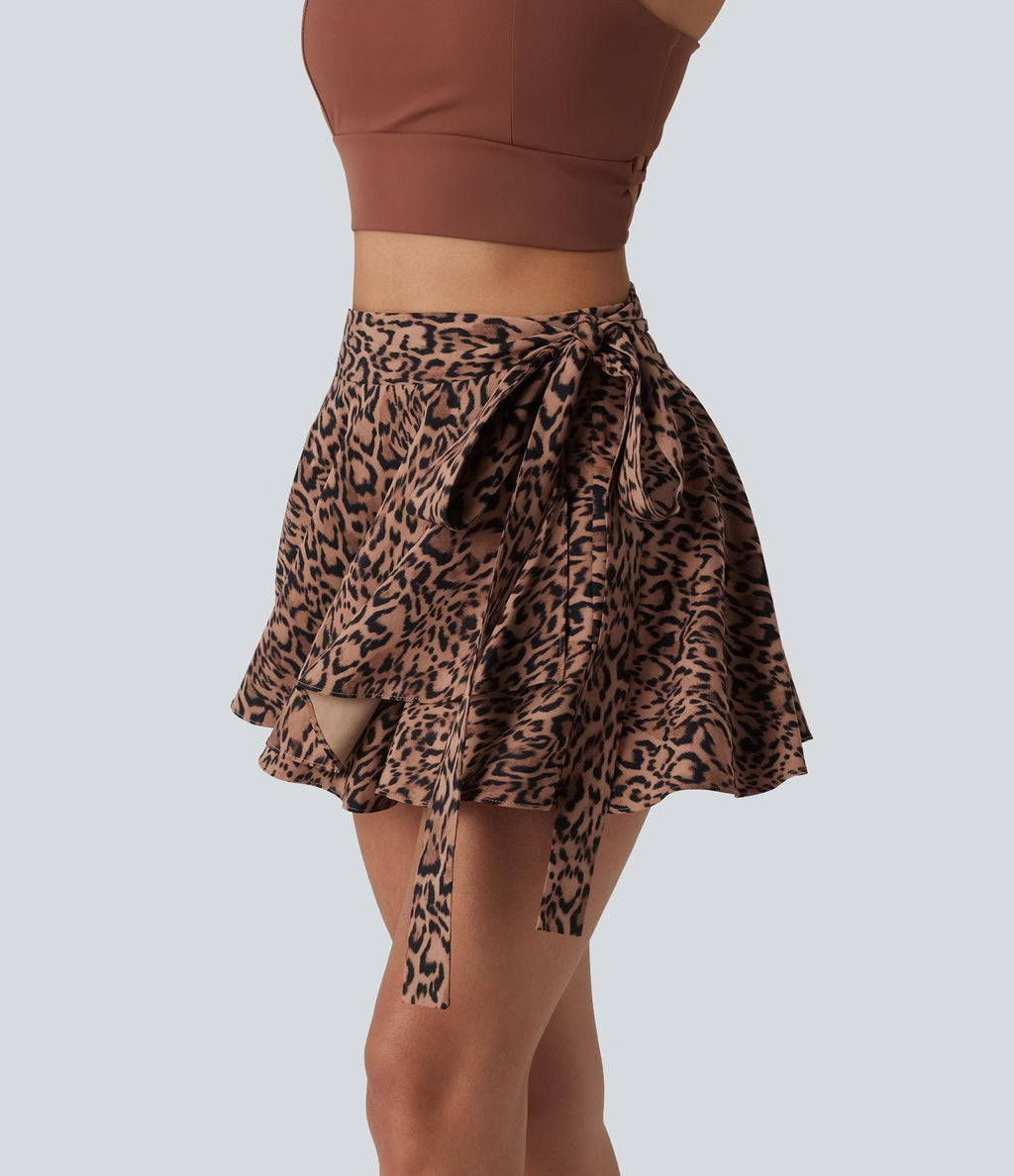 Jupe tennis mini fluide 2-en-1 taille haute imprimé léopard avec liens latéraux et poche