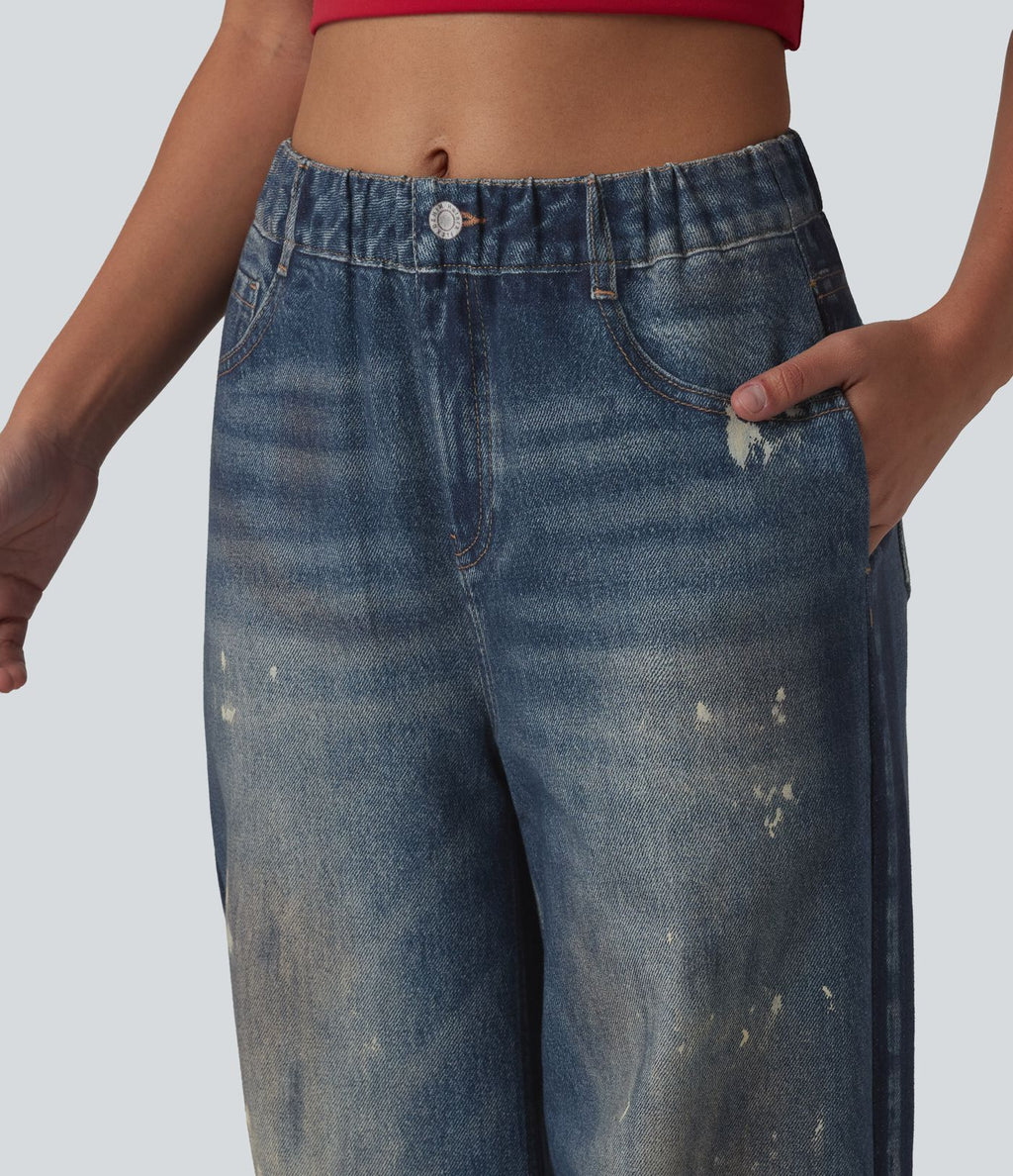 Jean de survêtement décontracté à rayures en tissu éponge français imprimé denim taille mi-haute avec poches