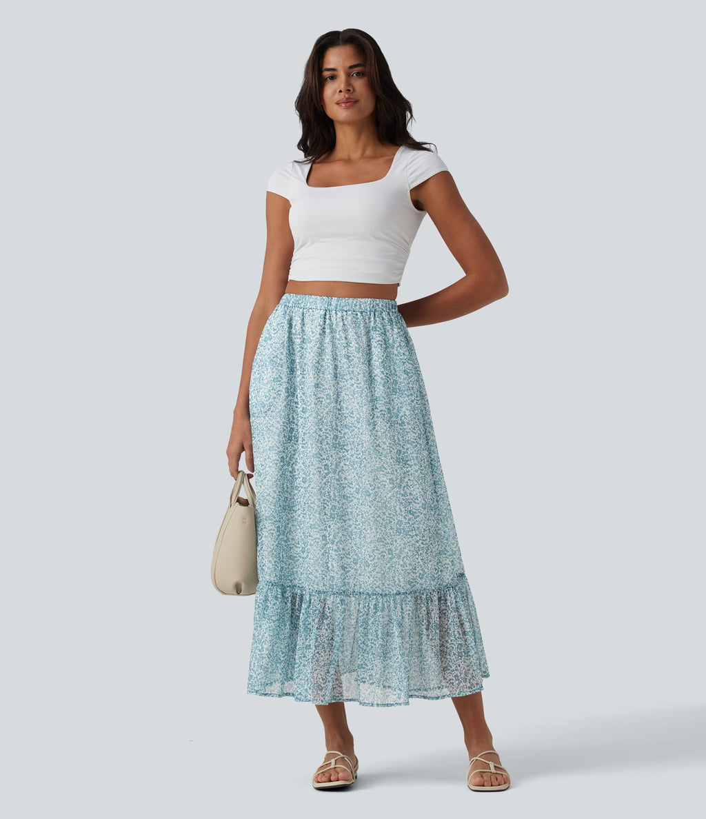 Jupe mi-longue fluide casual imprimé floral taille haute avec poches
