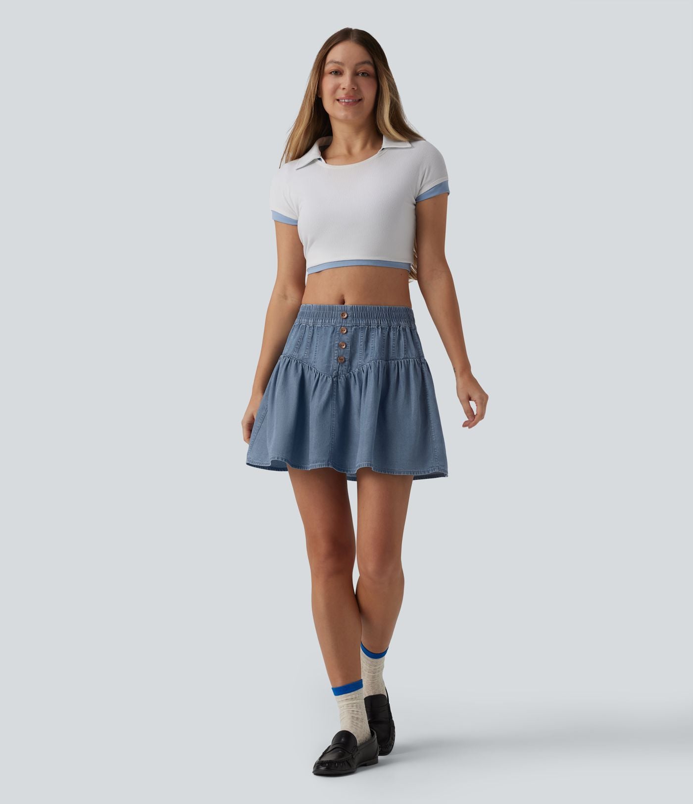 Jupe mini casual trapèze en denim lyocell drapé taille mi-haute