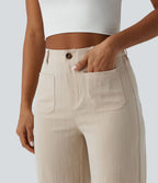 Pantalon taille haute coupe droite effet lin avec poches