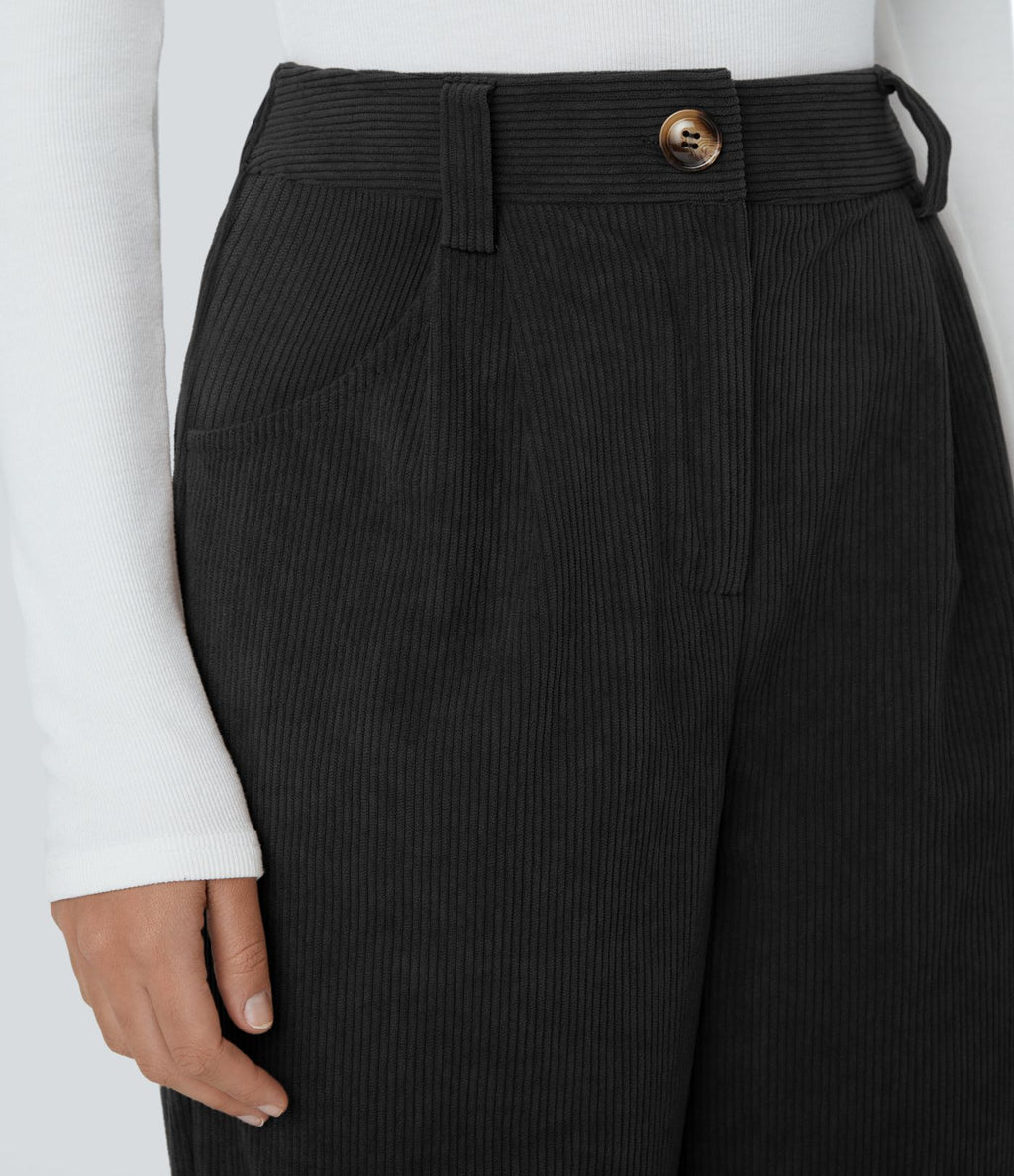 Pantalon décontracté en velours côtelé, taille haute, avec poche zippée
