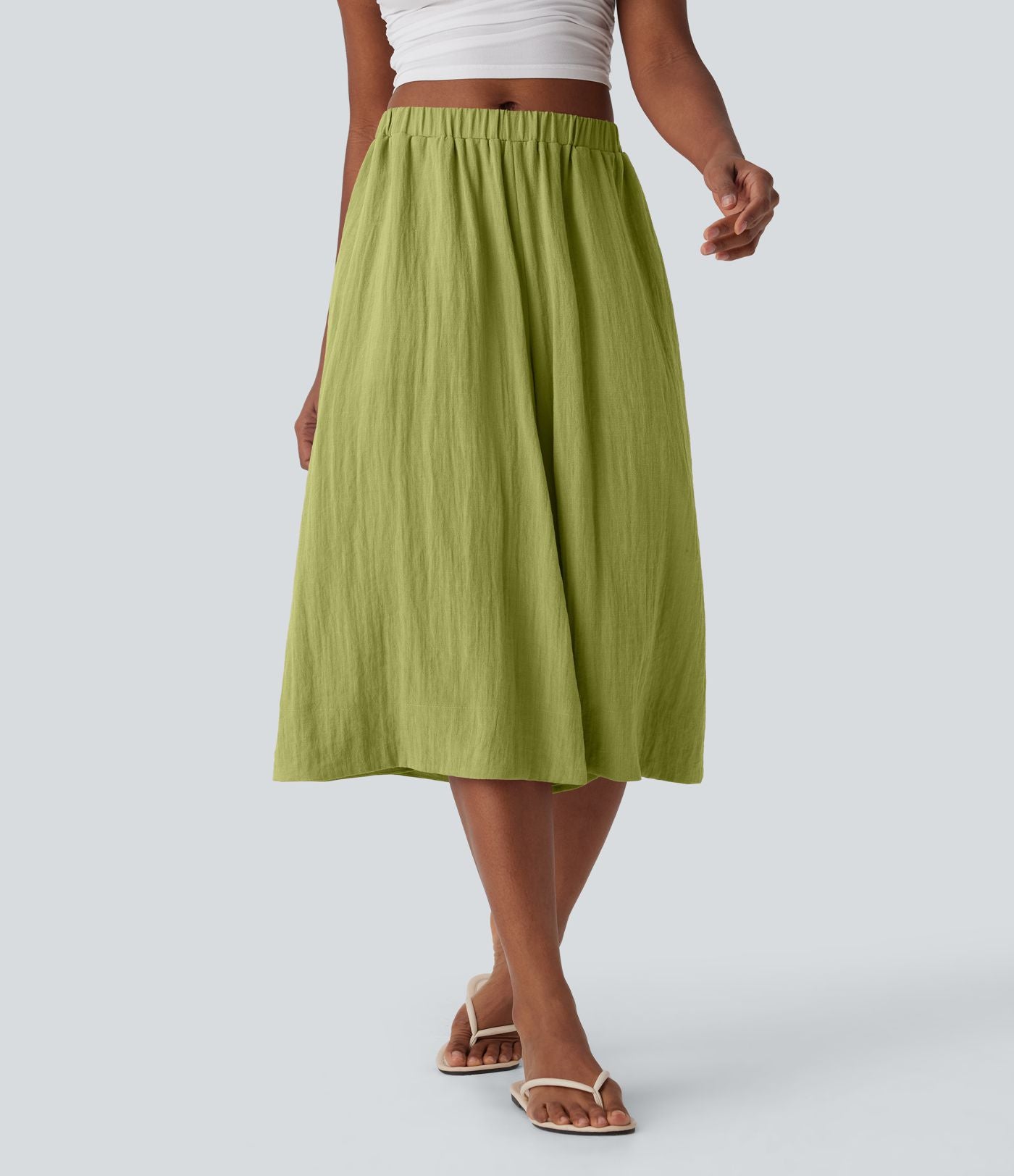 Pantalon fluide large taille mi-haute effet lin avec poche