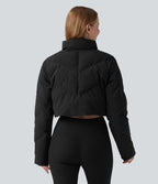 PuffFlex Manteau doudoune 3-en-1 court casual à col montant et veste à ourlet arrondi avec passants pouces et poche