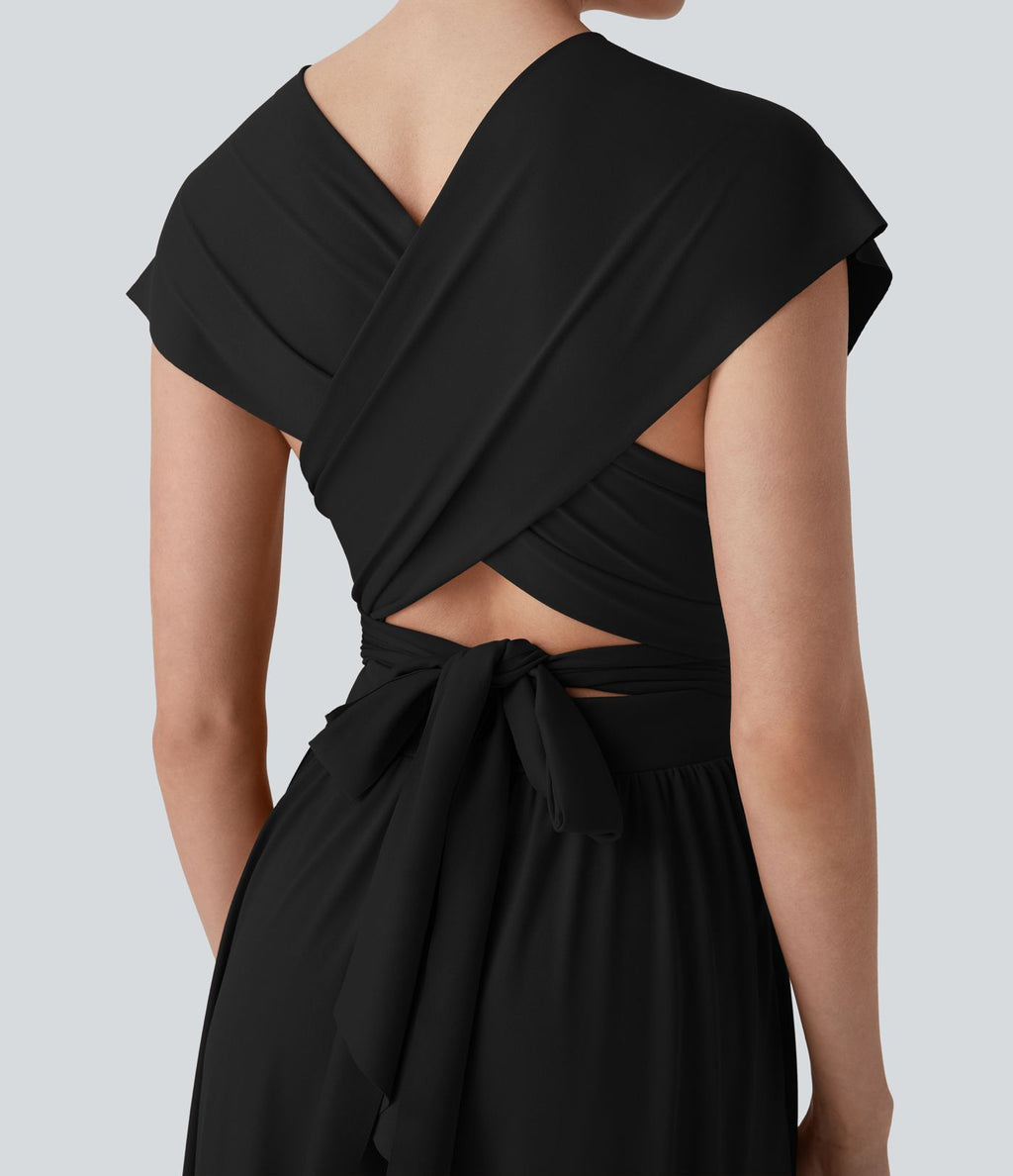 Robe longue de soirée col V, manches courtes, dos croisé à nouer, fendue avec poche latérale