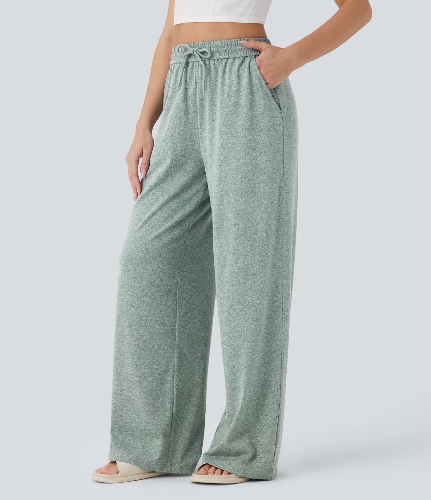Pantalon large décontracté taille haute avec cordon de serrage et poches latérales