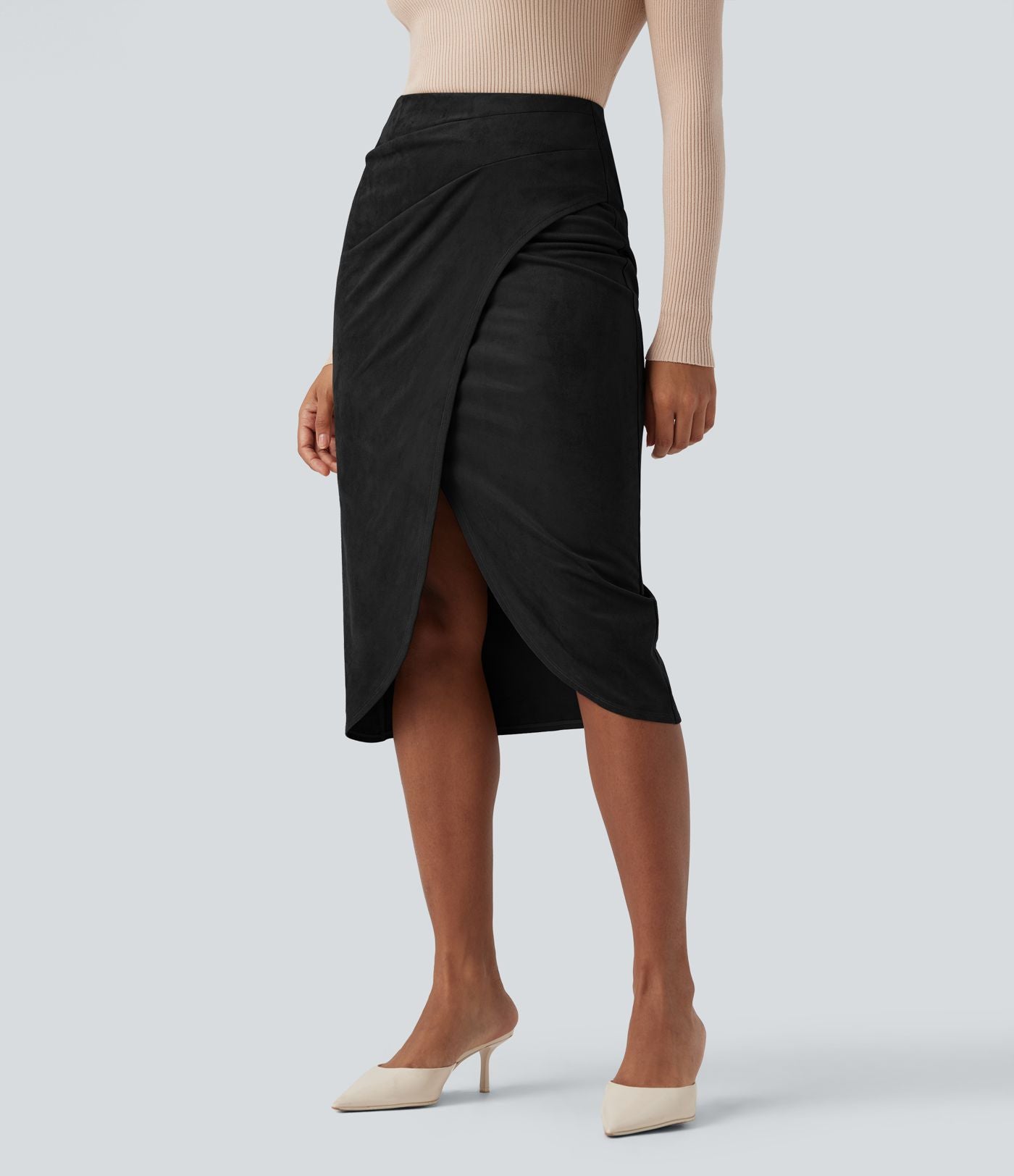 Jupe mi-longue décontractée suédine taille haute ourlet tulipe