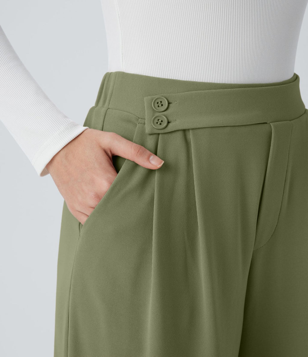 Pantalon taille haute décontracté large en maille gaufrée, avec poches