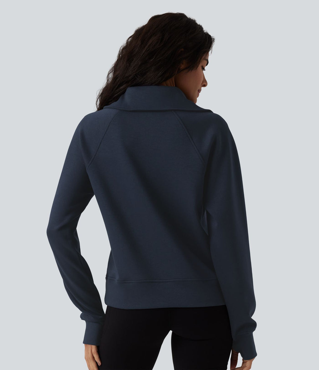 Sweat-shirt décontracté col revers demi-zip manches longues avec trous pour pouces et poches