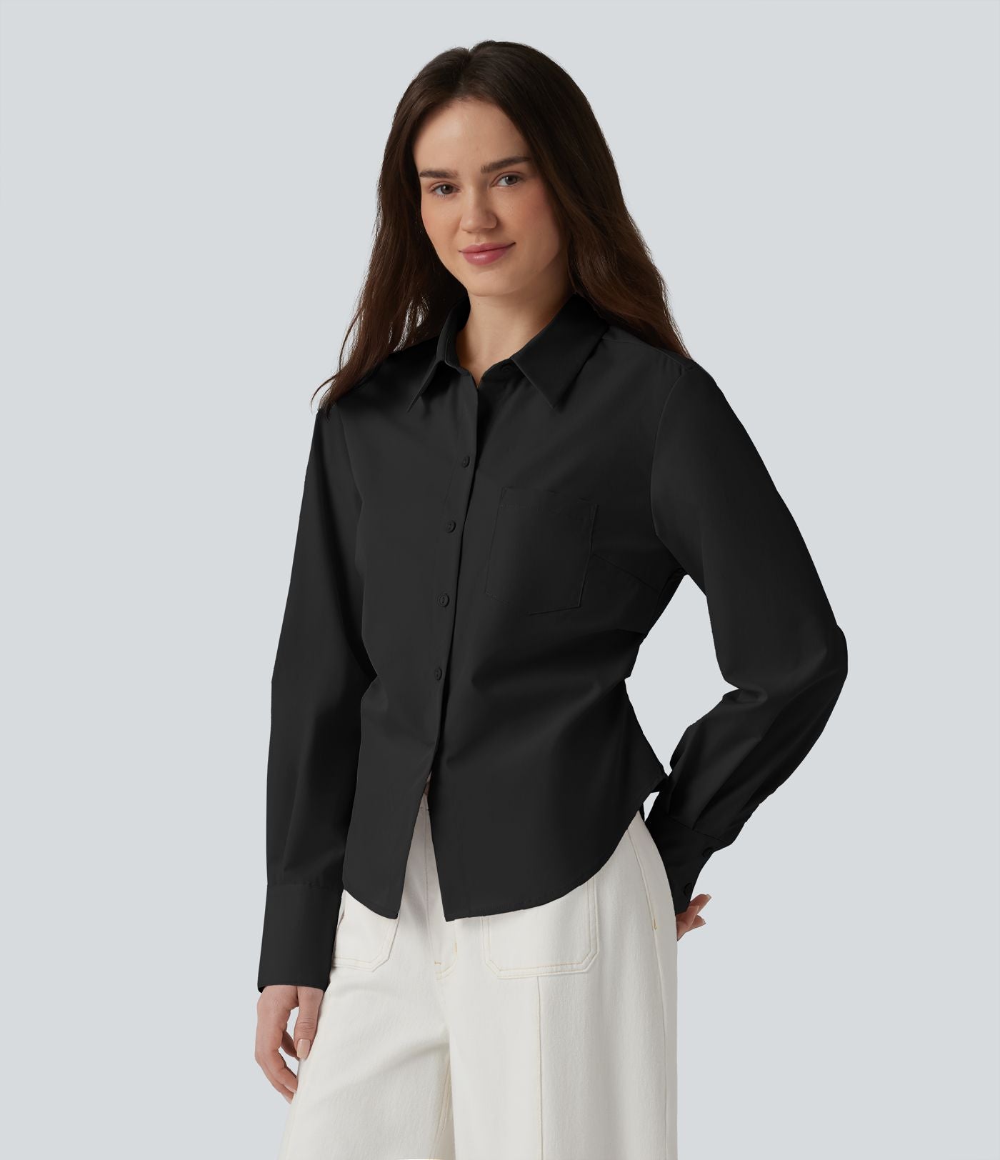 Chemise décontractée manches longues ourlet arrondi avec poche