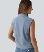 Halara Flex™ Chemise décontractée en denim sans manches à nouer sur le devant avec poche