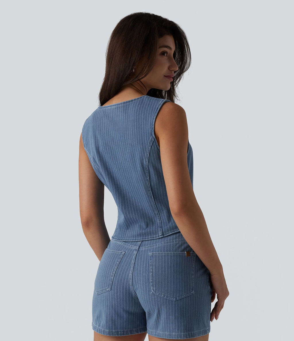 Gilet denim décontracté Halara Flex™ décolleté V profond boutonnage rayé