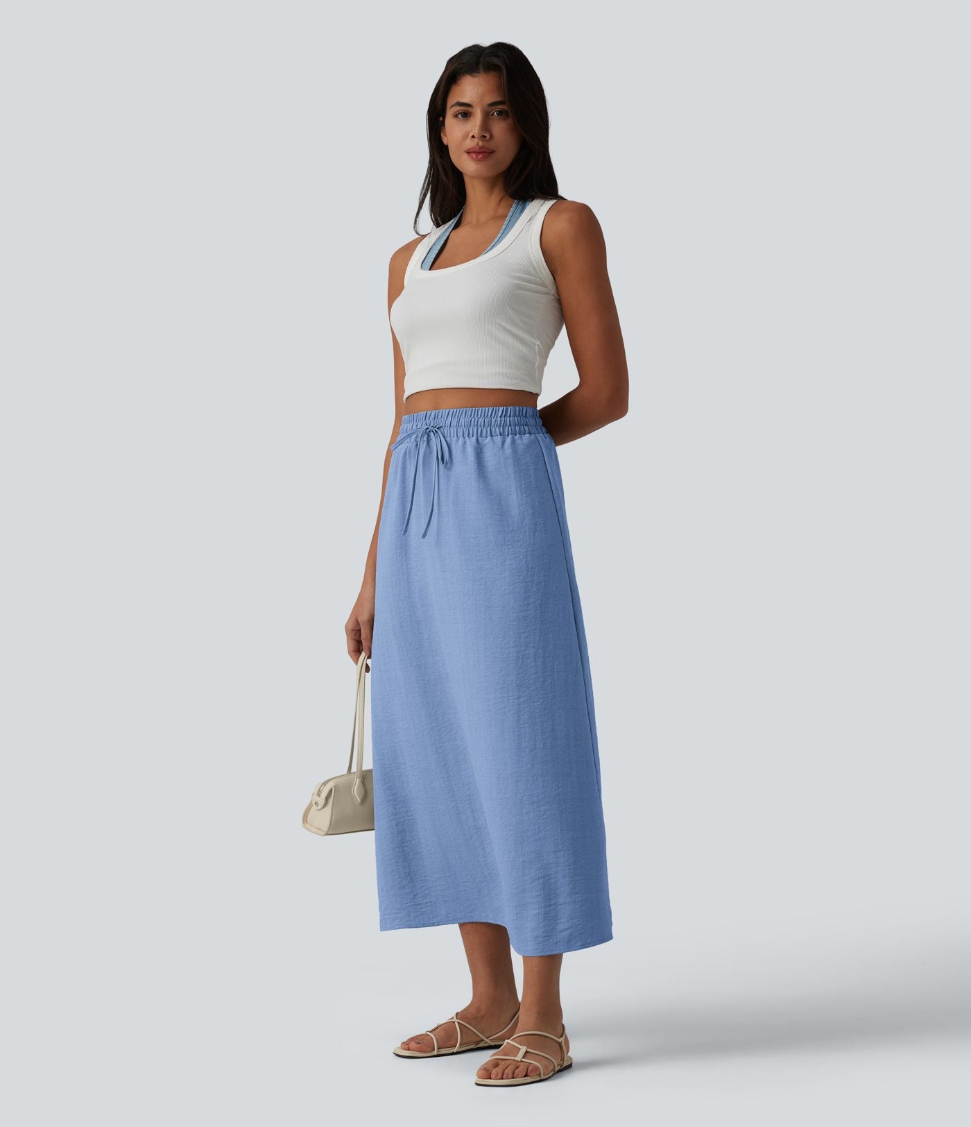 Jupe longue casual aspect lin taille haute avec cordon de serrage