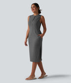 Robe midi décontractée sans manches col tunisien avec poches