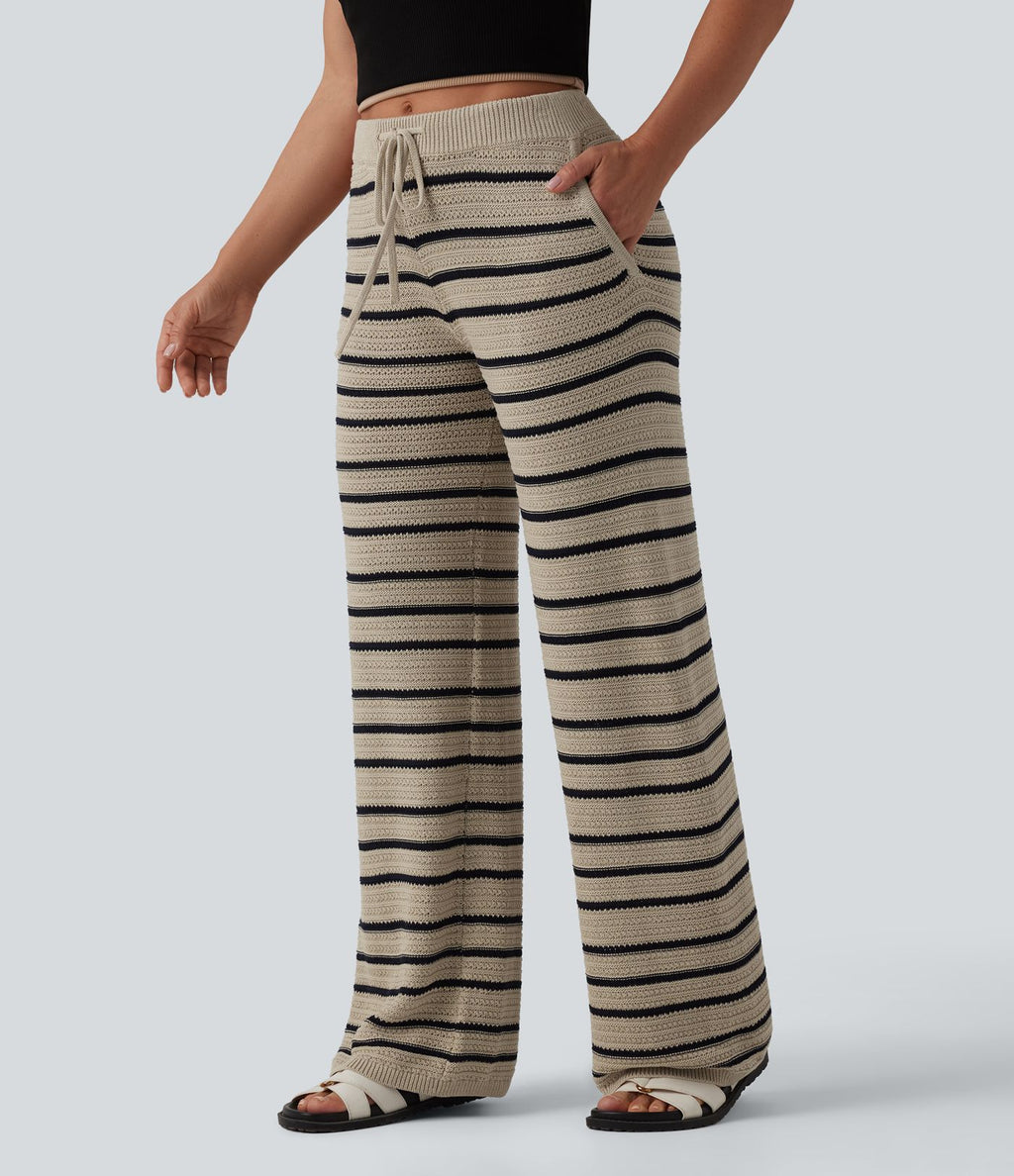 Pantalon pull ample décontracté taille basse avec cordon de serrage color block rayures avec poches