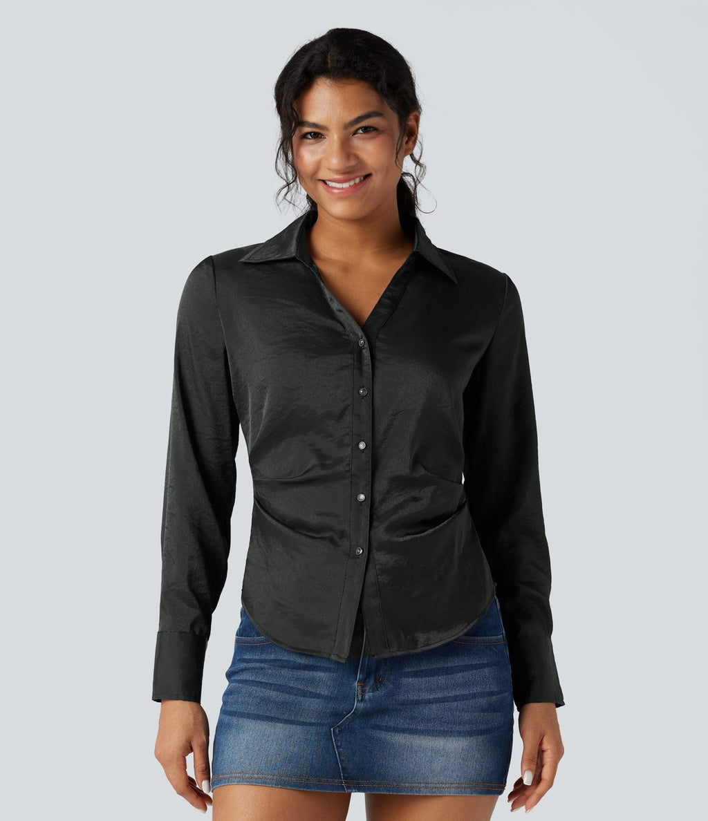 Chemise décontractée ajustée col V manches longues ourlet arrondi