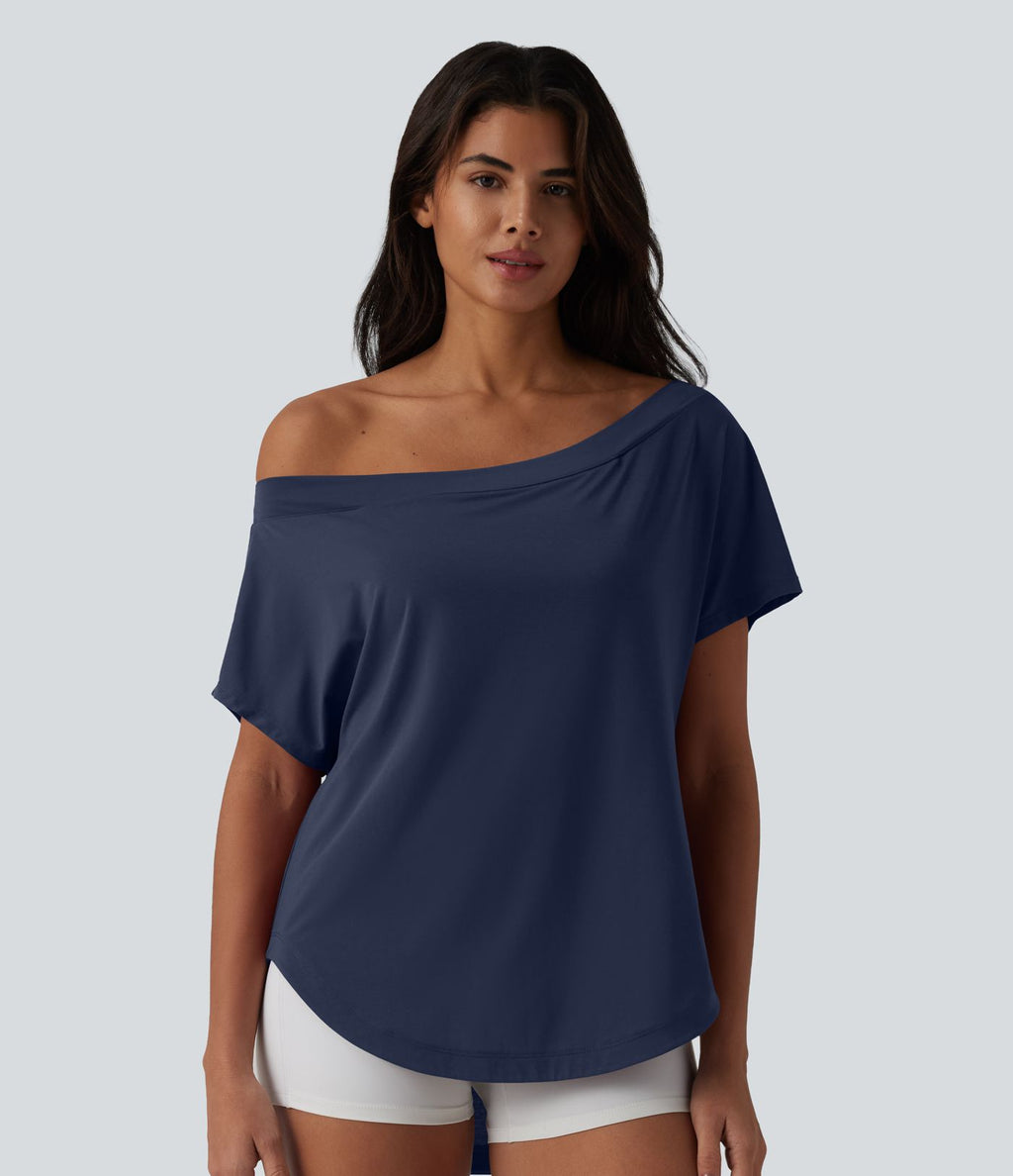 Top de sport yoga asymétrique à épaule dénudée manches courtes ourlet arrondi et coupe asymétrique à séchage rapide – Soutien-gorge intégré