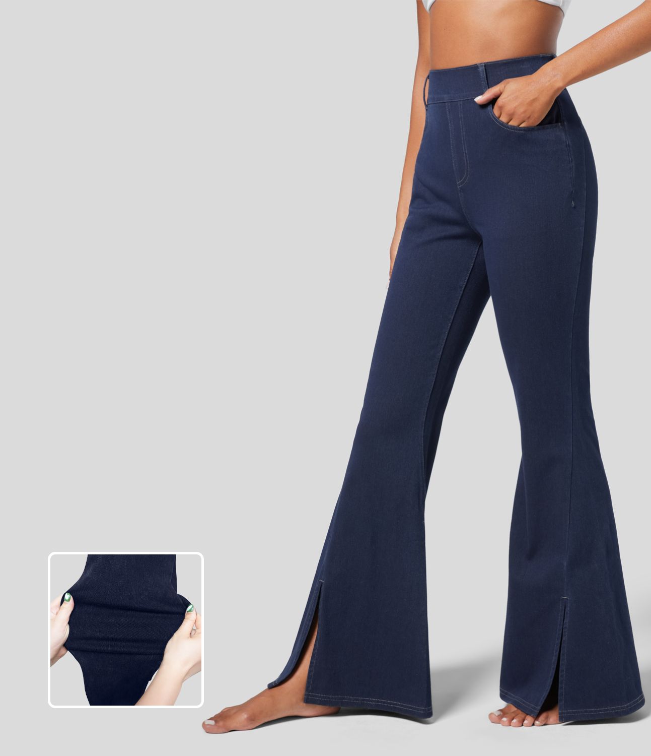 Halara Flex™ Jean Évasé Causal Tricot Extensible Taille Haute avec Poches Latérales Ourlet Fendu