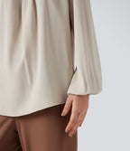 Blouse tailleur décontractée col rond dos keyhole manches bouffantes ourlet arrondi