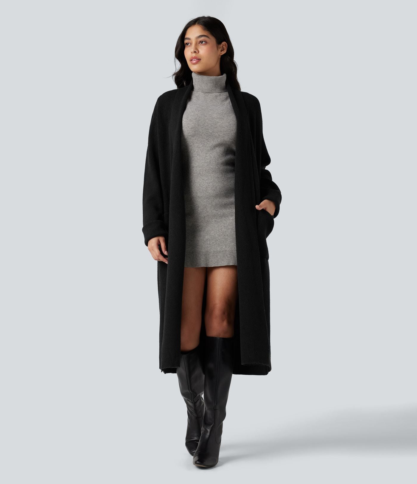 Cardigan long tailleur manches longues avec poches