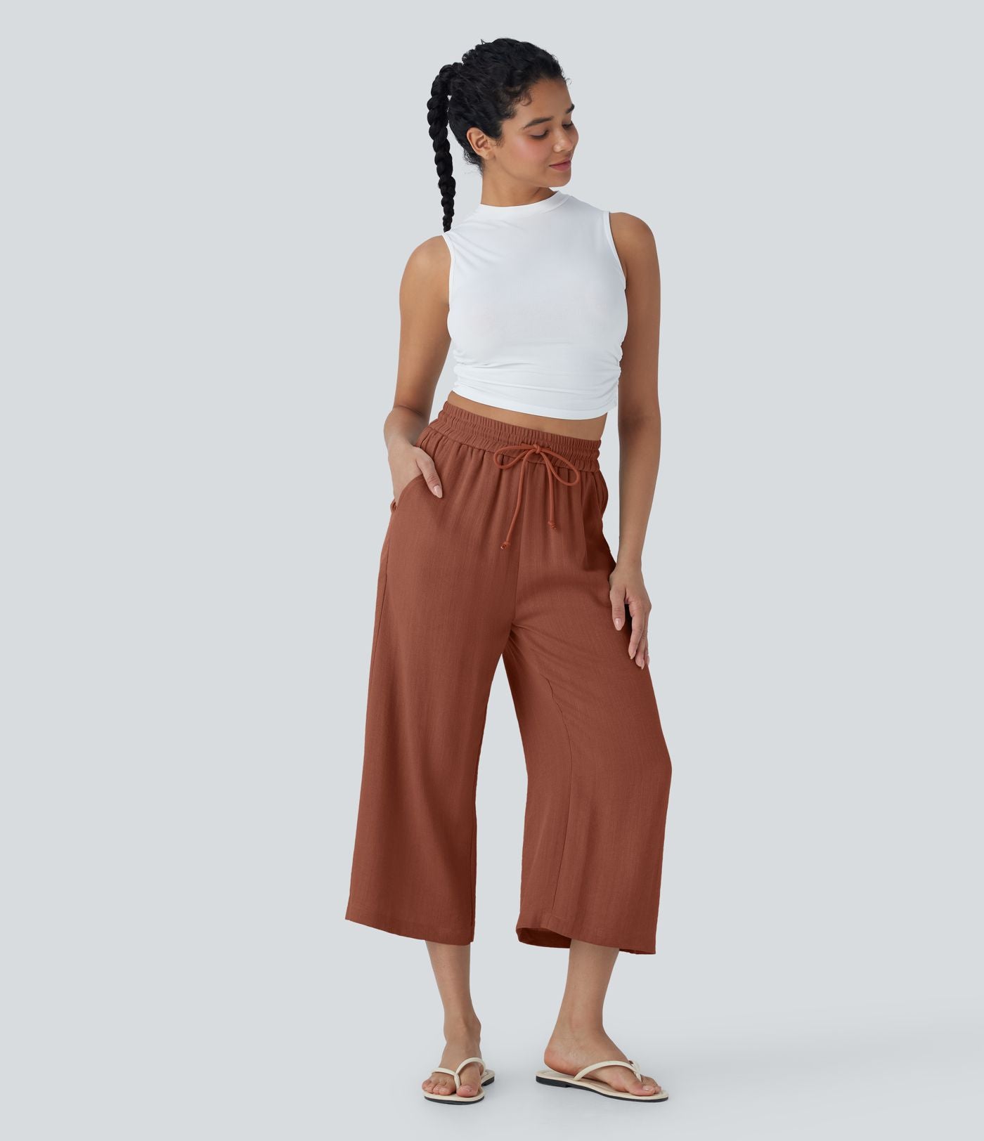 Pantalon décontracté aspect lin 7/8 à taille haute, jambe large avec cordon de serrage et poches latérales