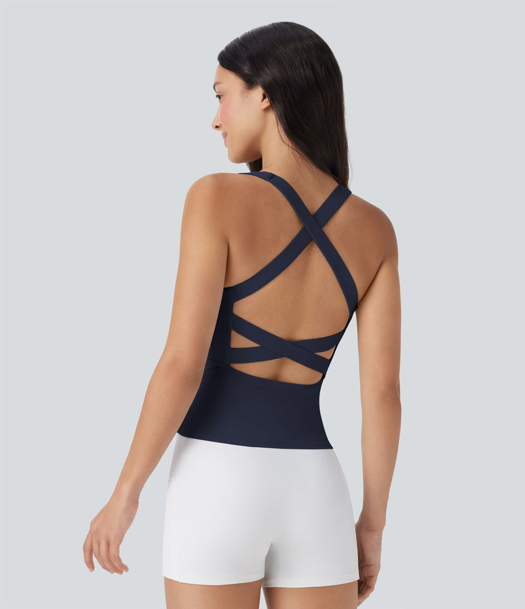 Débardeur de course crop top dos nu col carré bretelles croisées Softlyzero™ Airy Cool Touch - longueur rallongée - UPF50+