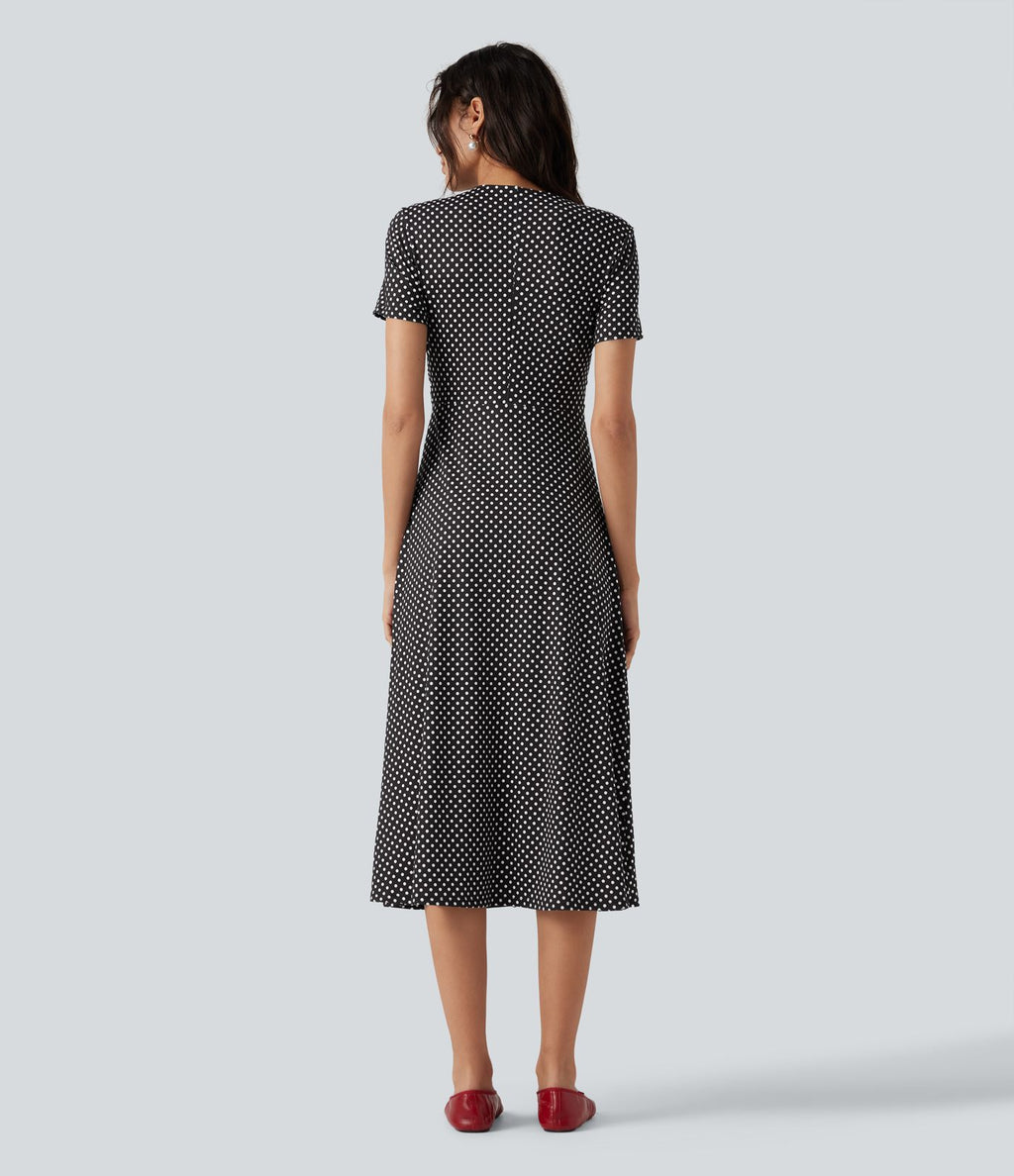 Robe midi décontractée à pois, col V, manches courtes