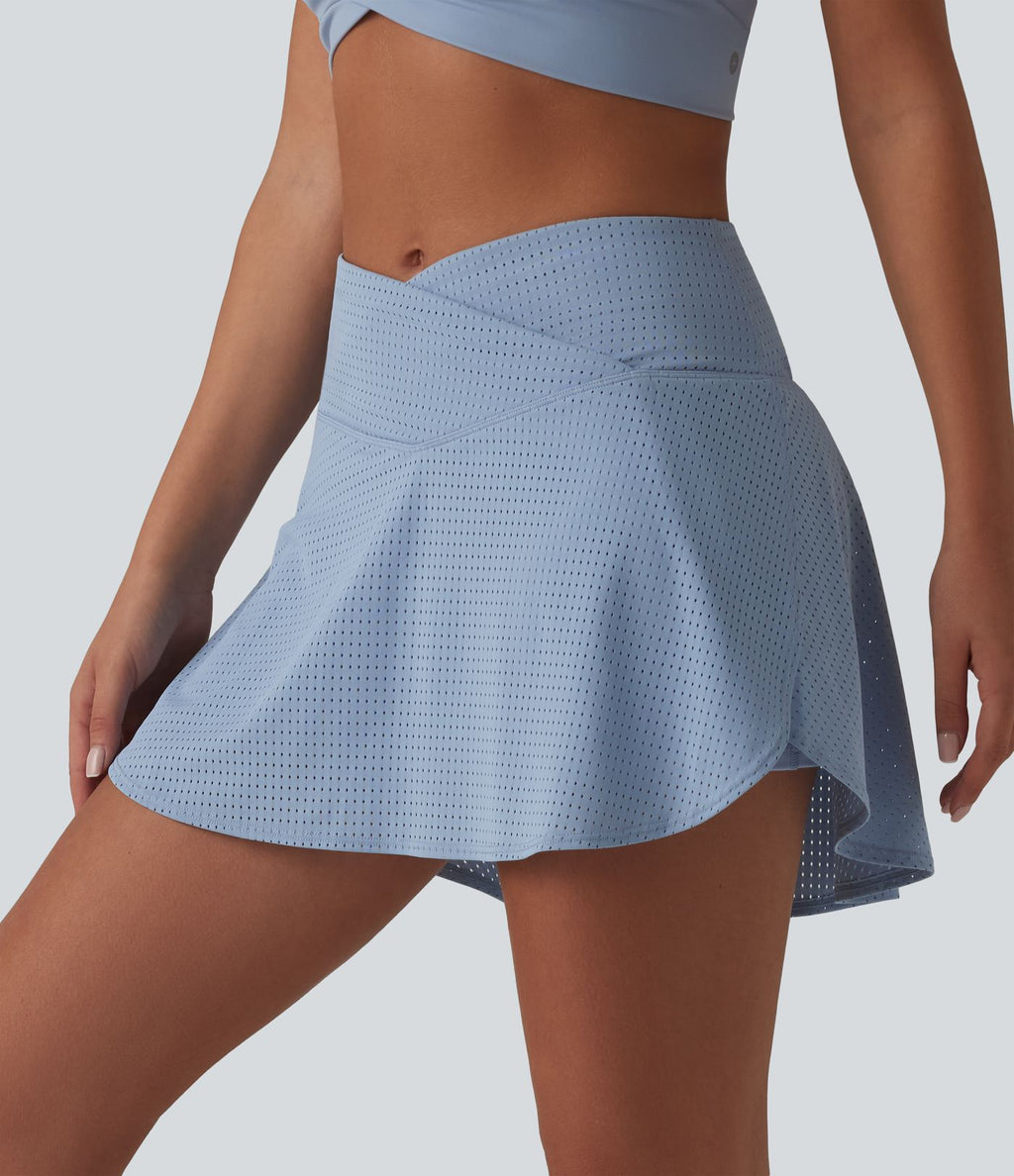 Jupe mini de tennis à œillets, taille haute, 2 en 1, coupe trapèze, croisée, avec poches