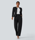 Pantalon tailleur rayé taille haute jambe droite avec poches