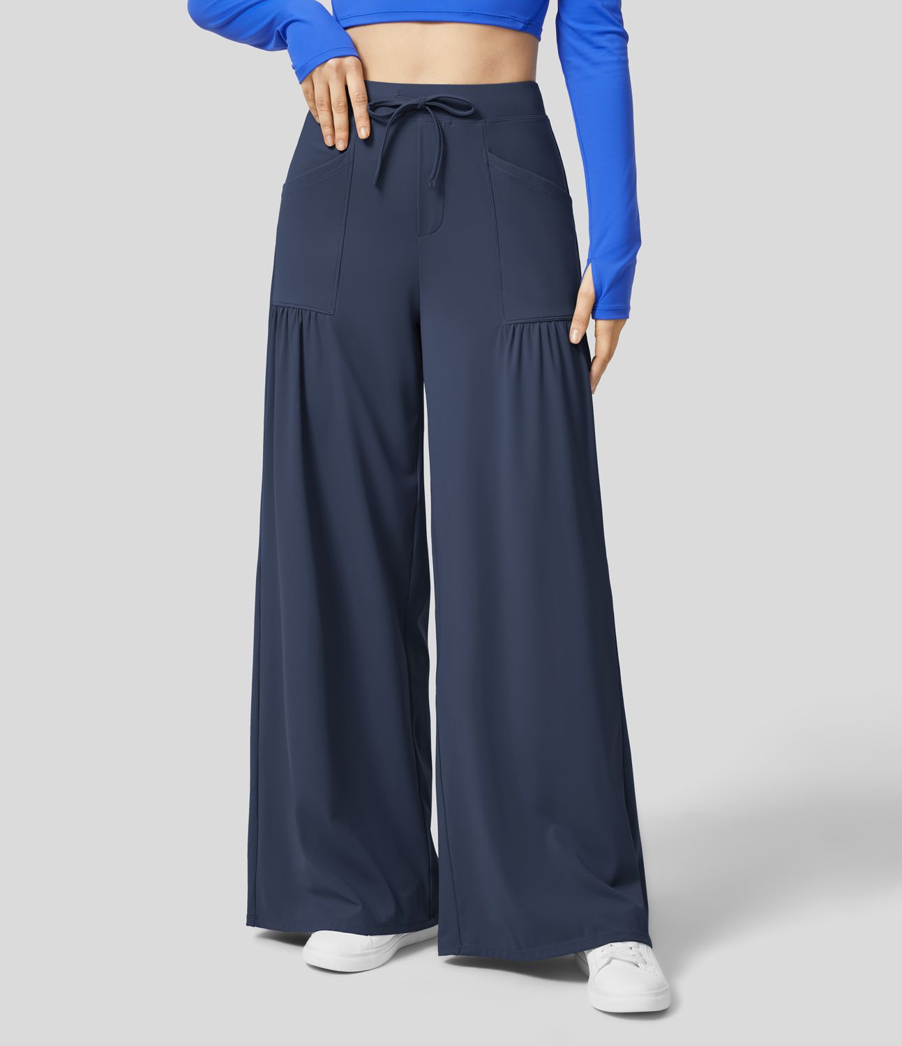 Pantalon Large Yoga Taille Haute avec Cordon de Serrage Plusieurs Poches et Plis