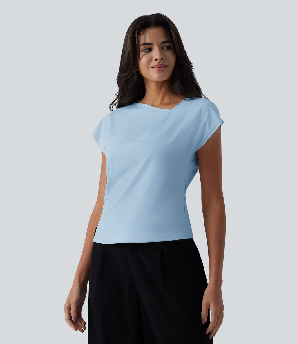 Blouse tailleur asymétrique col drapé manches courtes avec fronces et ourlet fendu
