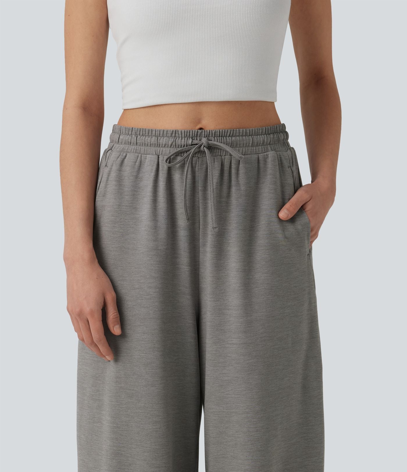 Pantalon large décontracté color block taille haute avec cordon de serrage et poches