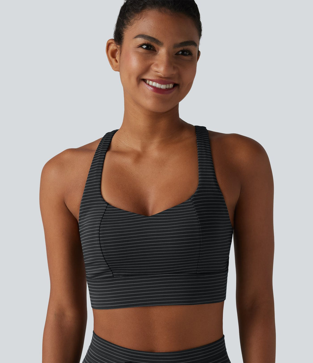 Brassière de sport yoga à rayures dos nageur croisé maintien léger avec soutien-gorge intégré