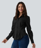 Chemise casual manches longues à ourlet arrondi