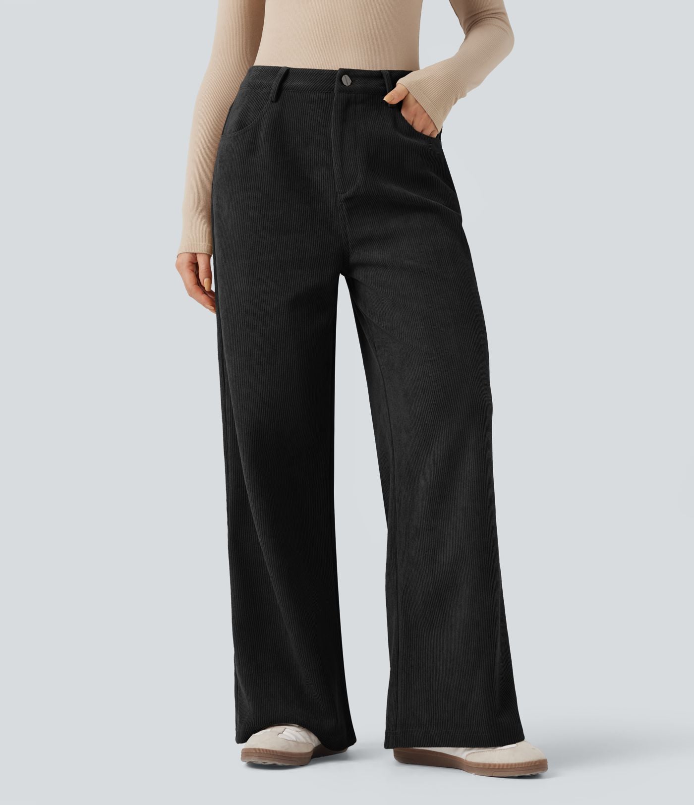 Pantalon large décontracté en velours côtelé taille haute avec poches