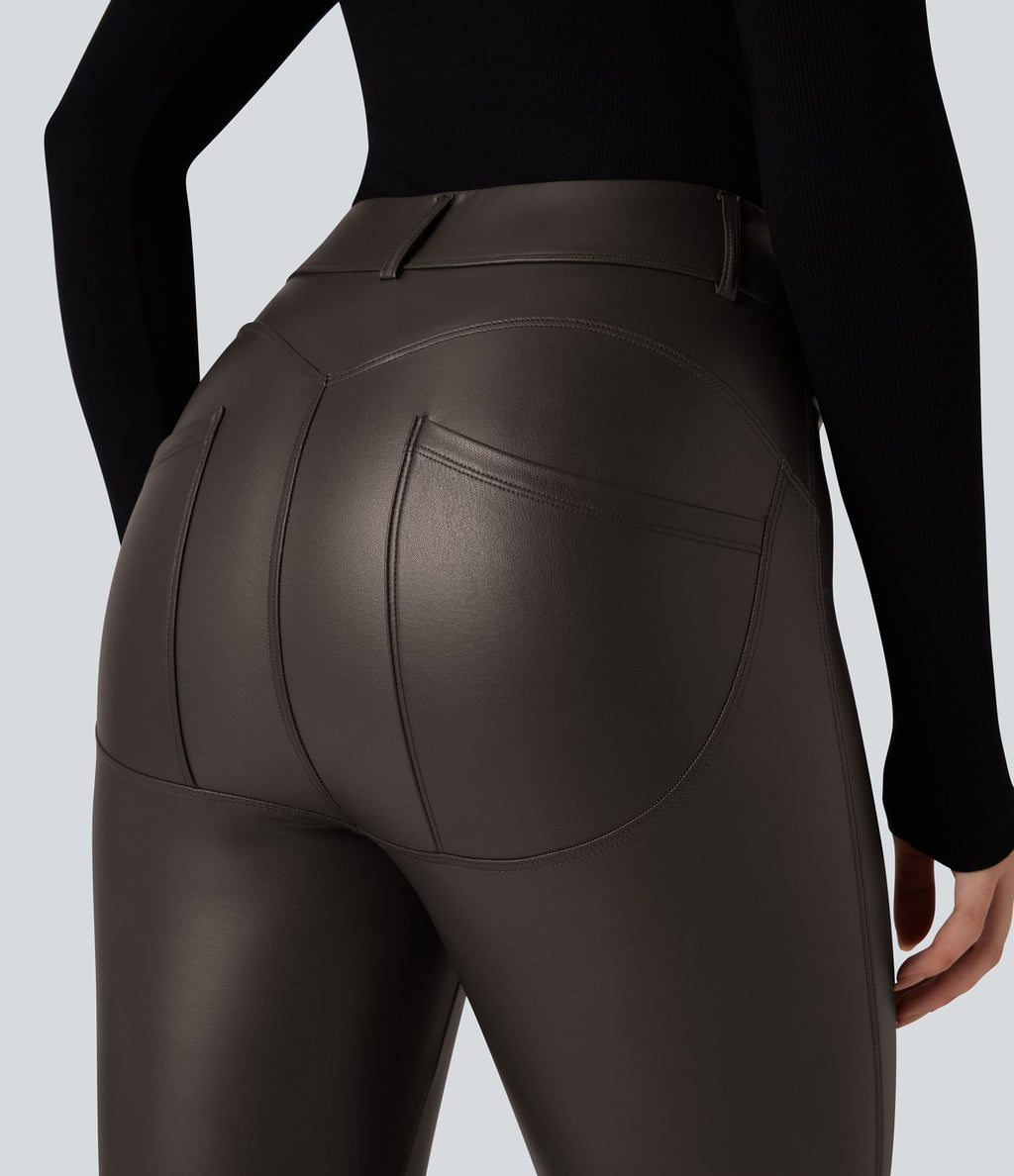 Pantalon polaire simili cuir extensible taille haute avec poches