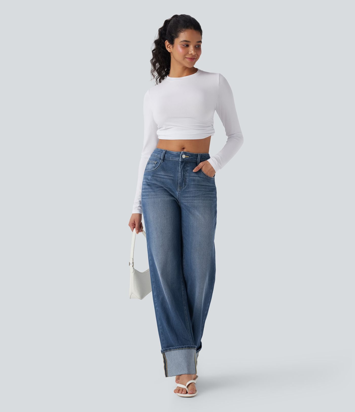 Jean décontracté Halara Flex™ jambe droite taille mi-haute ourlet retroussé avec poches