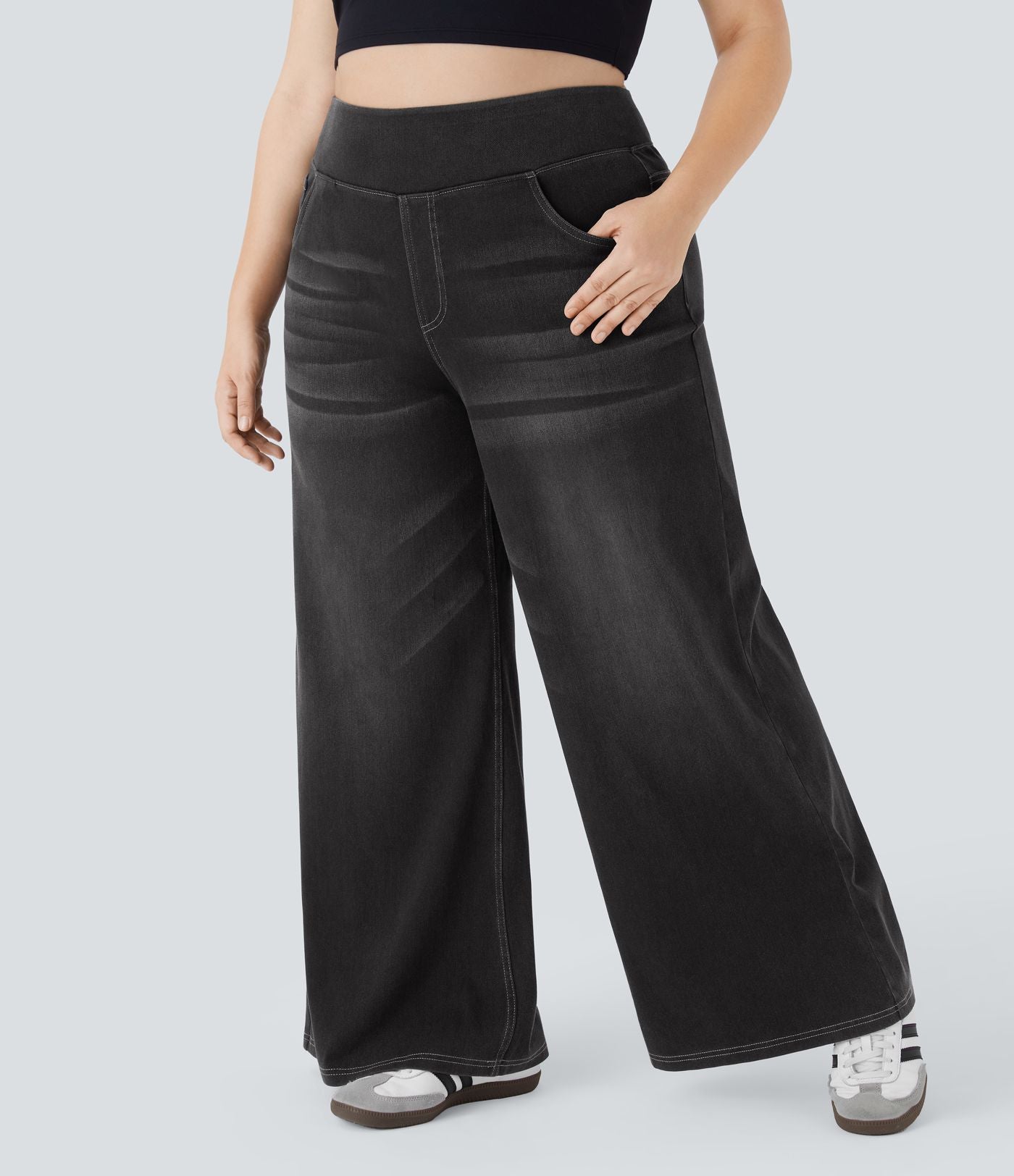 Halara Flex™ Jeans Larges Casual Taille Haute Multiples Poches Lavés Élastiques et Tricotés Grande Taille