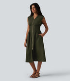 Robe tailleur midi col V sans manches fermeture éclair bidirectionnelle avec poches