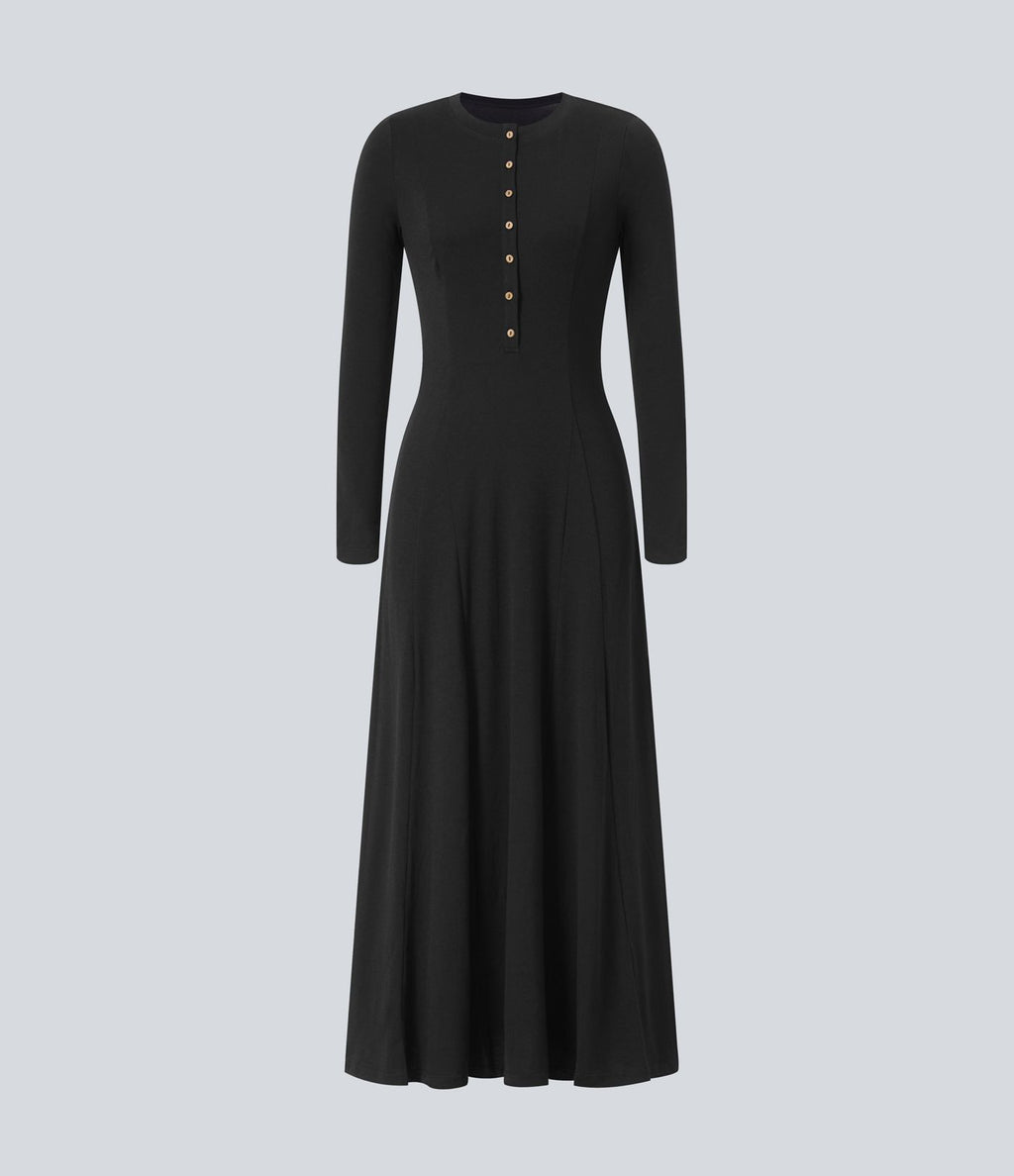 Robe de Casual Maxi Manches Longues Évasées et Boutons au Col Rond
