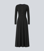 Robe de Casual Maxi Manches Longues Évasées et Boutons au Col Rond