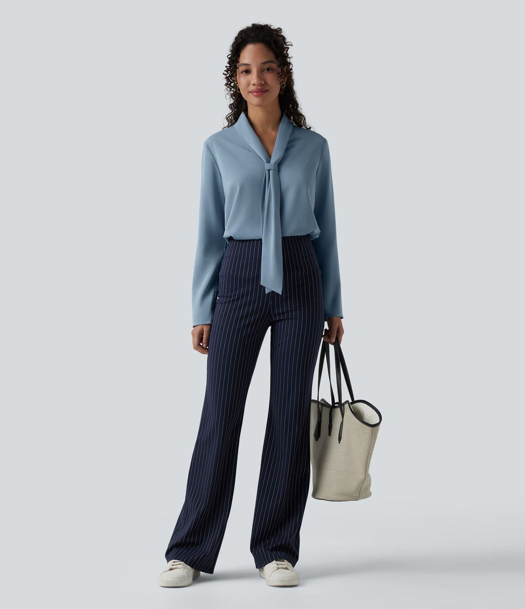 Blouse esprit bureau défroissage facile, col V, manches longues et lien à nouer