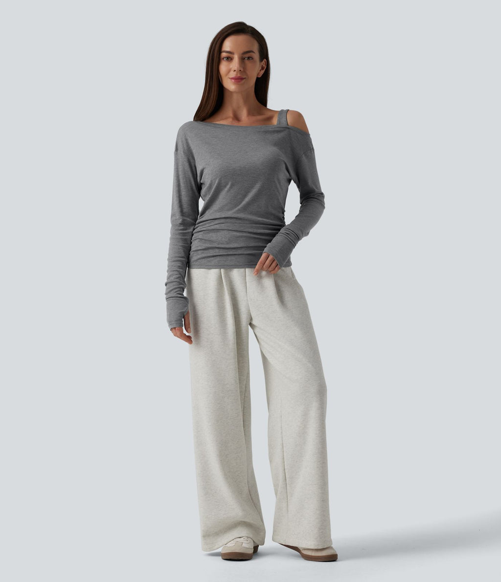 T-shirt décontracté asymétrique en mélange de laine à une épaule et manches longues