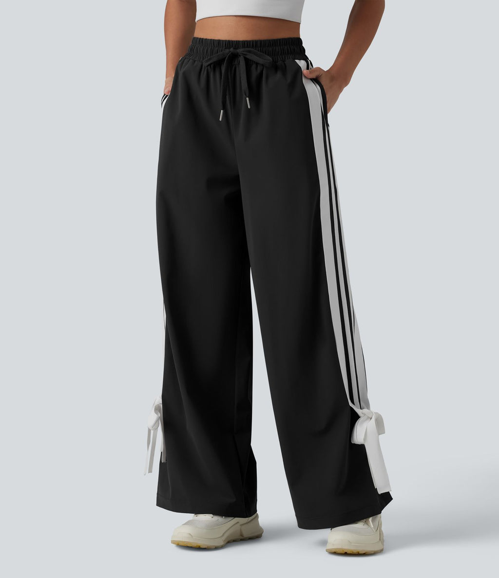 Pantalon large de course taille haute effet frais InstantCool à séchage rapide, color block à rayures avec nœud, cordon de serrage et poches, protection solaire UPF40+