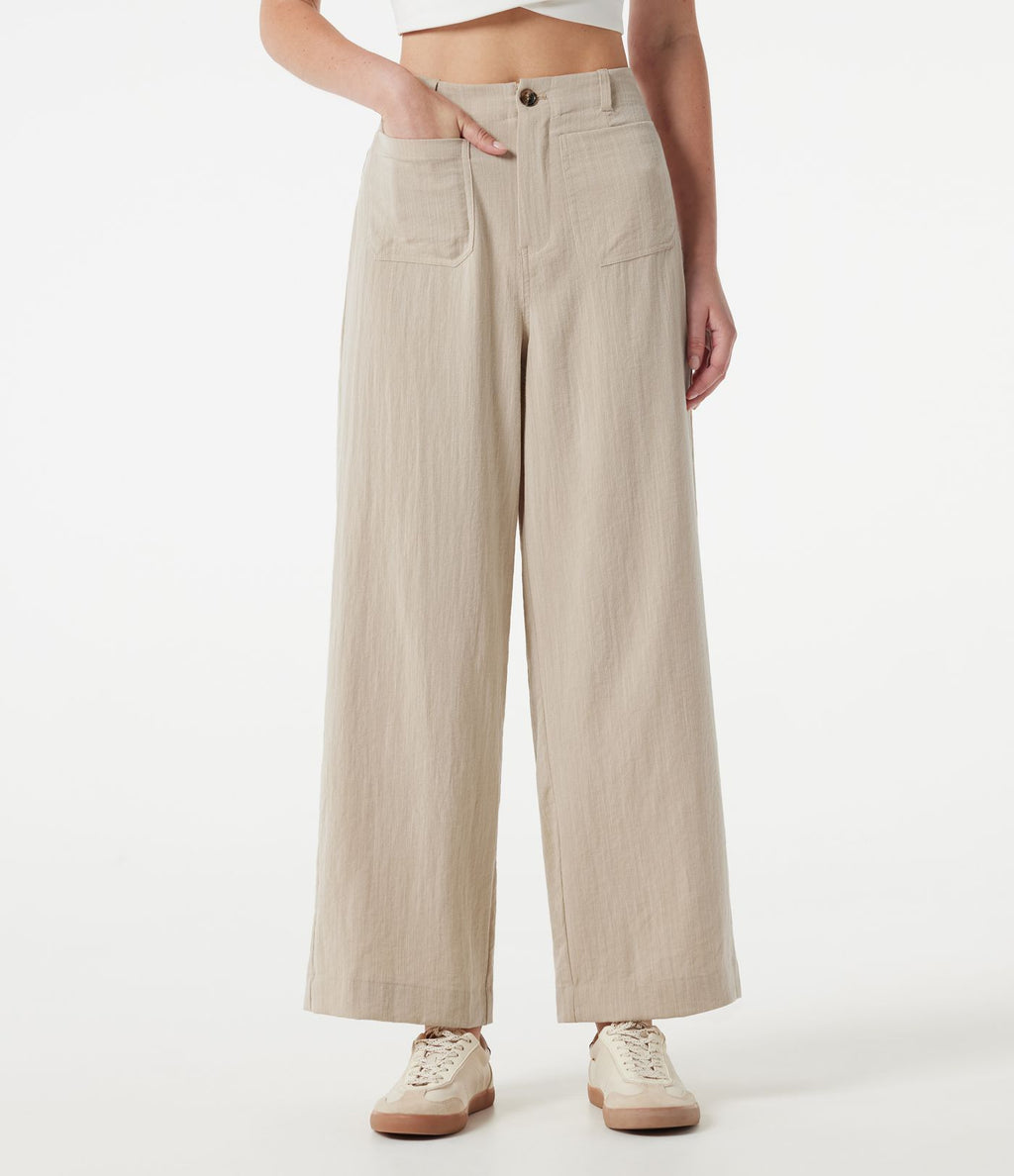 Pantalon large casual taille haute toucher lin avec poches