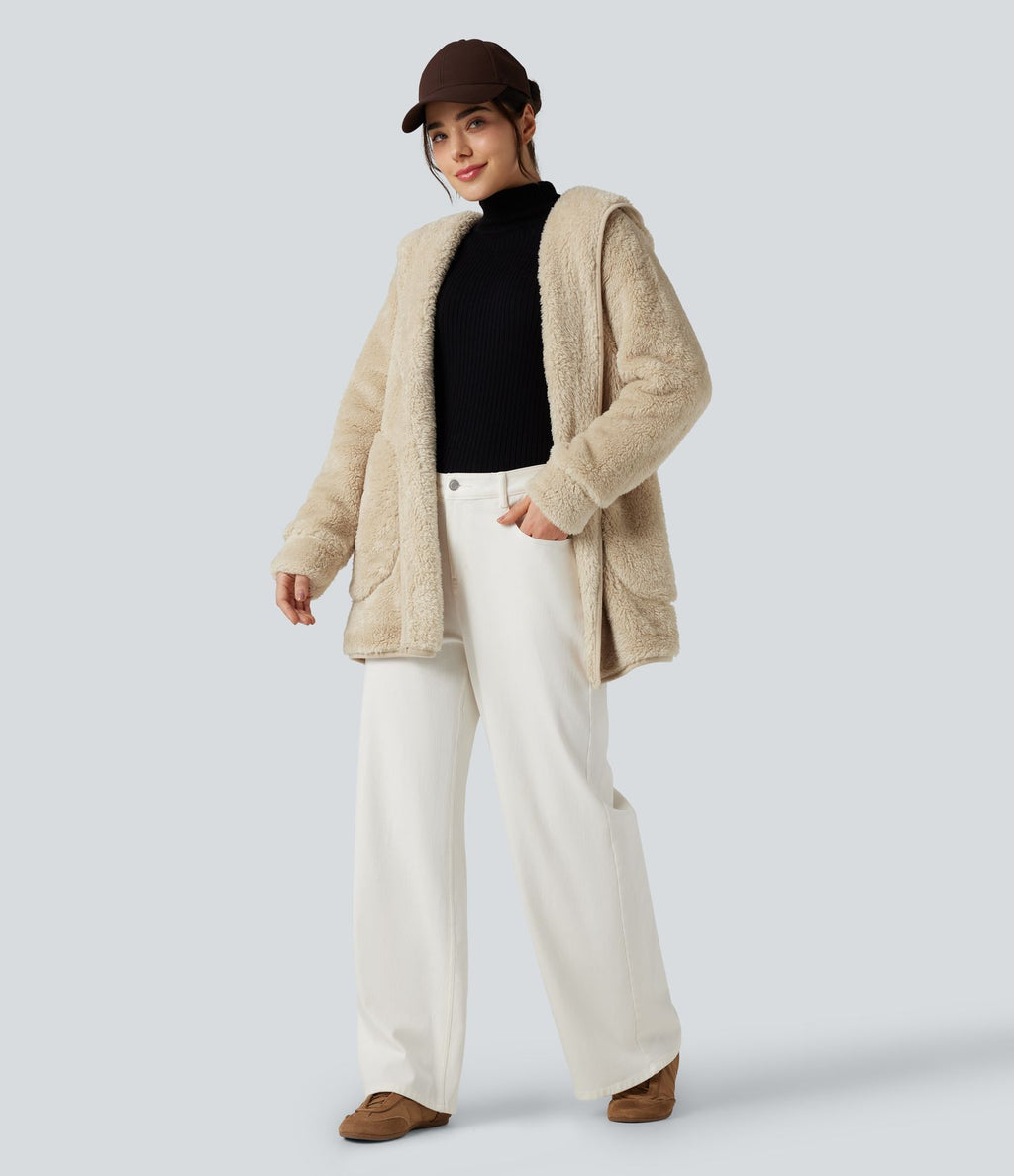 Manteau teddy à capuche manches longues avec poches