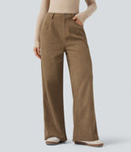 Pantalon large décontracté en velours côtelé taille haute avec poches