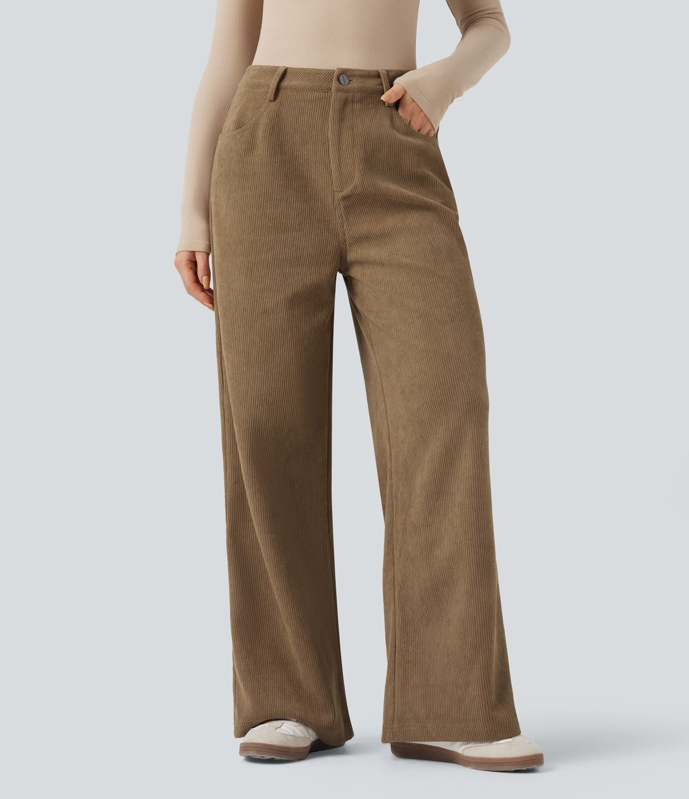 Pantalon large décontracté en velours côtelé taille haute avec poches